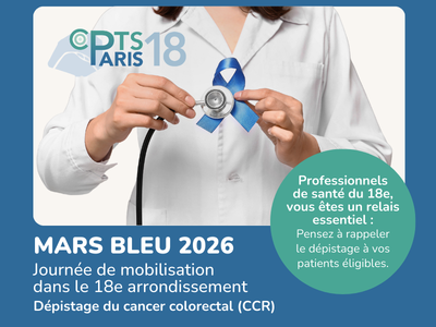 Affiche Mars Bleu 2026 – dépistage cancer colorectal – CPTS Paris 18 – 12 mars 2026